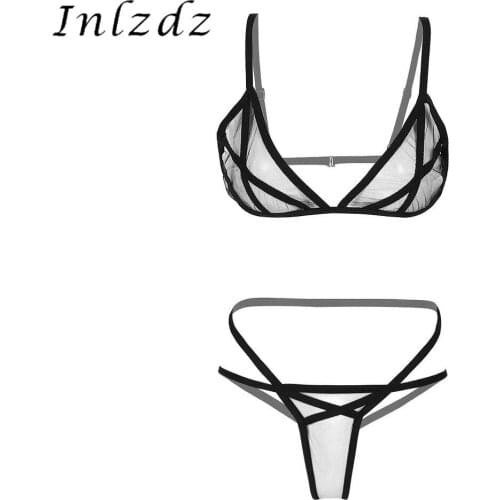 See-Through Mesh Strappy Sexy Lingerie Suit Underwear Sleepwear Wireless Unlined Bras with G-string Panties Underwear for Women