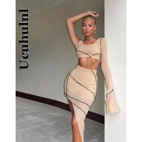 Ucuhulnl Patchwork Women Mesh 2 Piece Set Long Sleeve Crop Top One Shoulder Irregular Skirt Bodycon Sexy See Through 2021 Summer