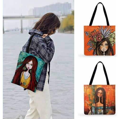 Classical Art Girl Oil Painting Print Tote Bag For Women Casual Tote Ladies Shoulder Bag Outdoor Beach Bags Women Handbags