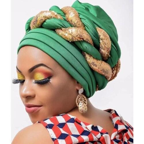 Women Headtie Gele Shinning Sequins Turban Cap African Women Head-wrap Cap Auto Gele Nigerian Turban Gele Latest Hot Selling