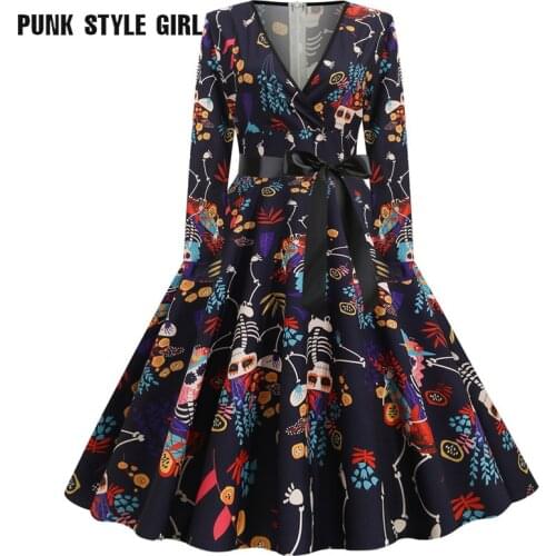 Halloween Party Dress Skull Pumpkin Print Rock Costume Housewife 50s 60s V Neck Vintage Swing Evening Prom Full Pleated Jurken
