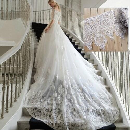 High End Elegant Fine Workmanship Tulle Mesh Embroidered Bright White Wedding Lace Fabric with Cording Bridal Gown Lace NewRS172