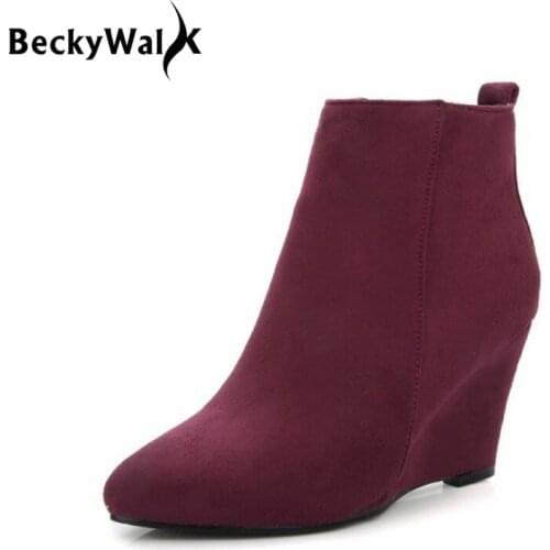 Wedges Women Ankle Boots High Heels Flock Winter Boots Solid Pointed Toe Shoes Woman Botas Mujer Plus Size 34-43 WSH2141