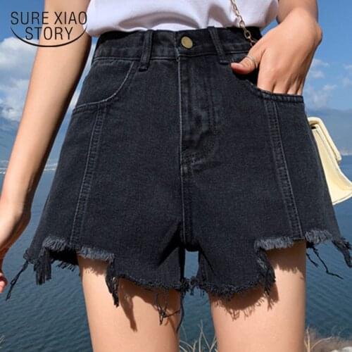 2021 Summer New Korean Dark High Waist Shorts Cotton Denim Shorts Female Thin Wide-Leg Easing Hole Pantalon Corto Mujer 9405 50