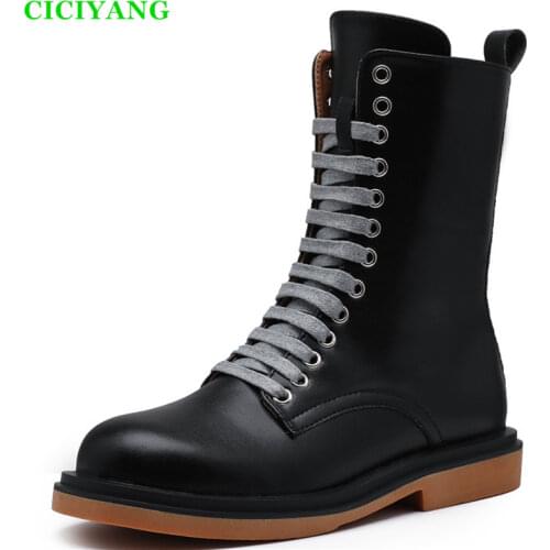 Hot Womens Autumn Boots Genuine Leathe Martin Ankle Boots Lace-up Smoke Tube Boots Plus Size Booties Low-heeled Shoes For Women