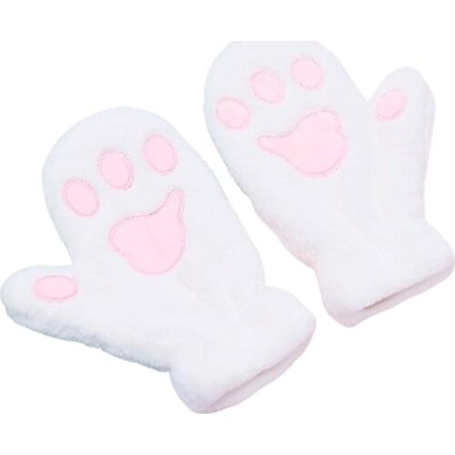 Women Winter Fuzzy Plush Full Finger Gloves Cartoon Cat Paw Windproof Ski Mitten H9ED
