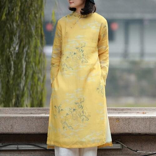 Johnature Women Ramie Chinese Style Dress Print Floral Ramie Stand Long Sleeve Dress 2021 Summer New Vintage Button A-Line Dress