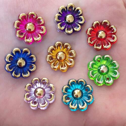 100PCS Shiny Resin 16mm Gold Line Flower Gem Flatback Rhinestone Wedding Diy 2 Hole Sewing Appliques Ornament SK29*5