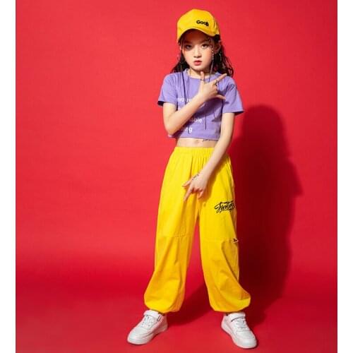2021 Ballroom Hip Hop Dance Clothes For Kids ChildrenS Day Short Sleeved Yellow Loose Pants Suit Jazz Street Dance Wear DQS7174