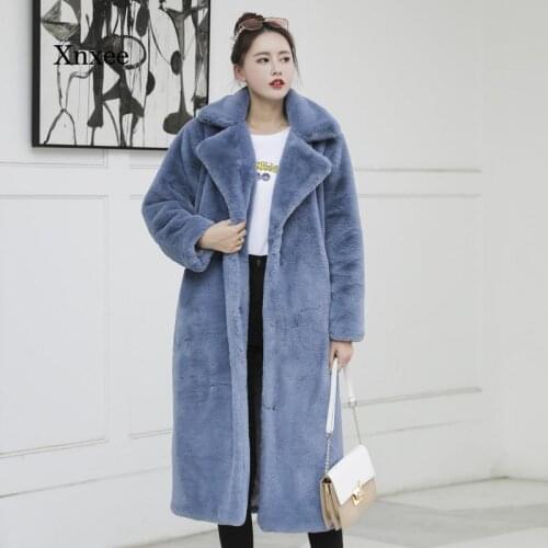 2021 Winter Womens Faux Rabbit Fur Coat Long Fur Coat Loose Lapel Coat Thickening Warm Plus Size Female Plush Coat