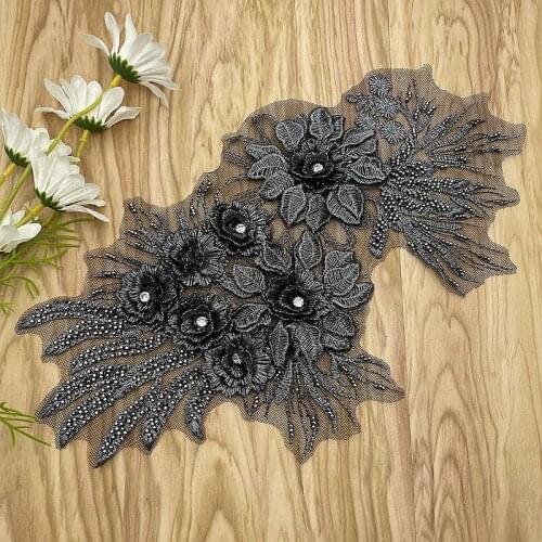 3Pcs Beaded Cloth Patch Embroidered 3D Flowers Hand-beaded Mesh Patch Embroidered Wedding Dress DIY Accessories 19X32CM