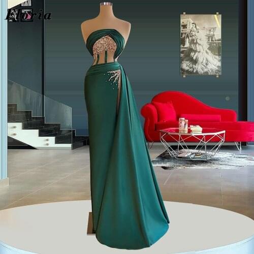 Strapless Satin Evening Dresses 2021 Dubai Arabic Beading Prom Dress Celebrity Party Gowns Robe De Soiree Pageant Mermaid Dress