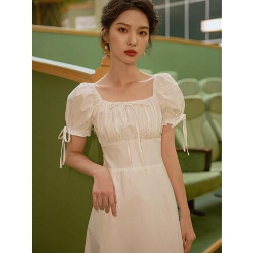 Puff Sleeve White Retro Fashion Dresses Summer Bowknot Square Neck Pleated Elegant French First Love Dress Vestidos de fiesta