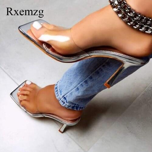 Rxemzg women sandals clear PVC transparent designer slides square toe women shoes thin high heels sexy mules summer shoes woman