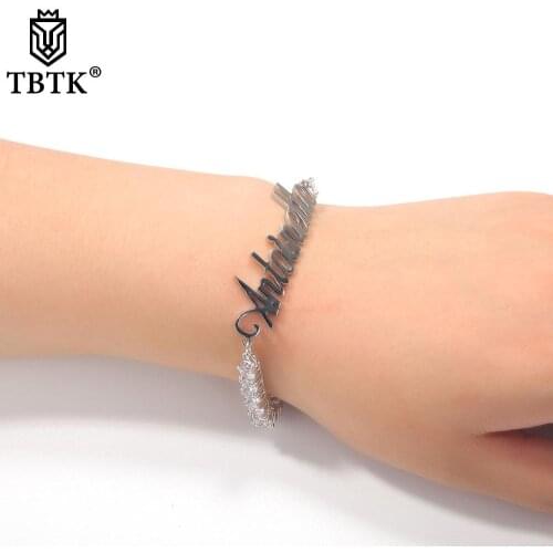 TBTK Stainless Steel Name Letter Art Font Plated Gold Zirconia Tennis Bracelet Hiphop Copper Charms Wrist Jewelry
