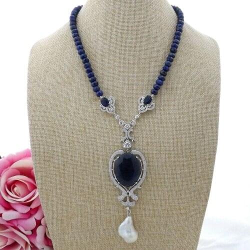 19'' Faceted Rondelle Lapis Necklace Keshi Pearl cubic zirconia pave silver color plated Pendant necklace for women