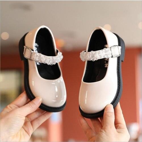 Childrens White Patent Leather Bright Casual Shoes New Size 23-36 Girls Crystal Princess Shoes Wide Head Black Flat Bottom