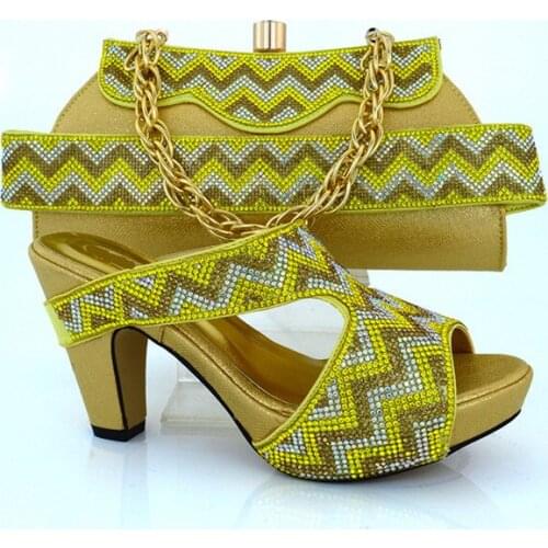 Hot sale high heel 9.8CM african shoes matching purse set with rhinestone decoration ladies shoes for party dress MM1010 gold