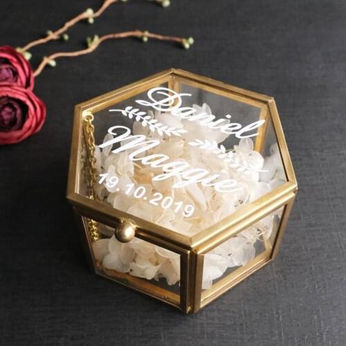 Personalized Glass Ring Box,Wedding Ring Box, Hexagon Gold Glass Ring Box,Ring Bearer Box, Engagement Ring Box with Flower