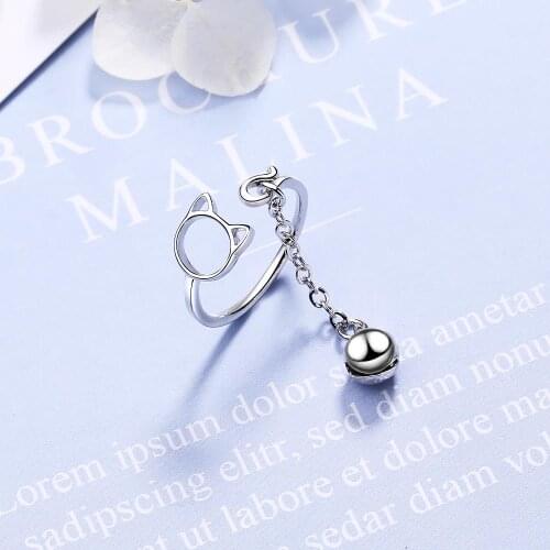 925 Sterling Silver Cute Cat Ring With Bell Pendant Adjustable Animal Ring For Girl Fashion Jewelry S-R230