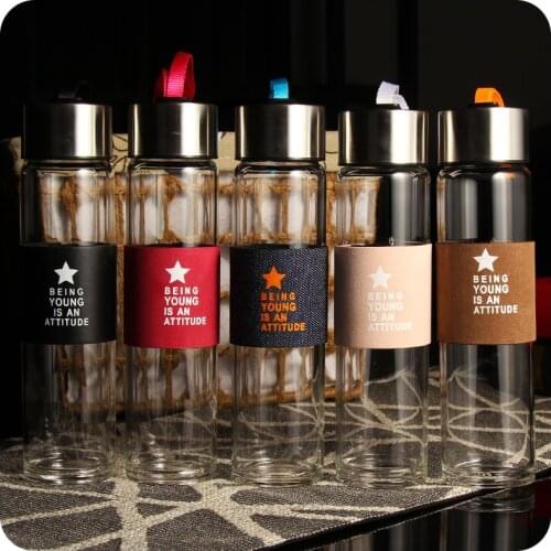 Korean Outdoor Glass Water Bottle, 400ml Thermal Insulation Direct Drinking glass tea bottle with infuser and rope