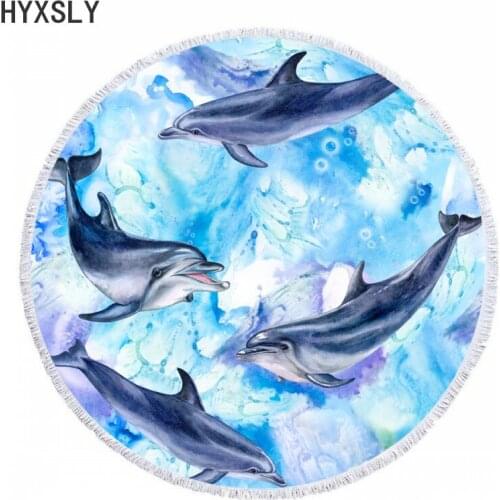 Summer Circle Thick Microfiber Round Beach Towel Shower Bath Towels Cartoon Dolphins Sharks Print Cute Design Swimming Cover