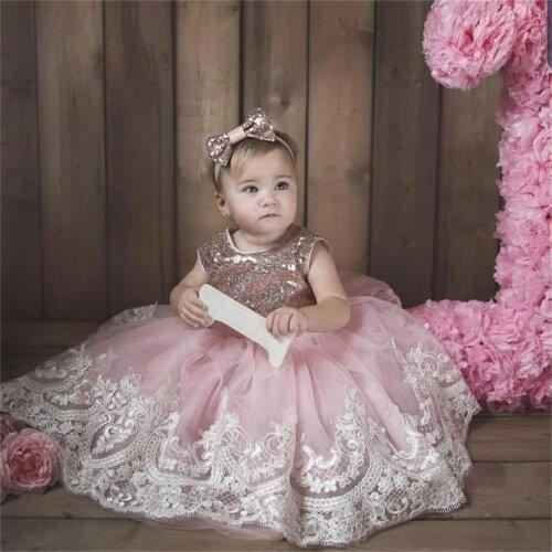 Cute Pink Flower Girls Dresses Sequins O Neck Kids Children Dress Infant Baby Birthday Gowns Vestidos