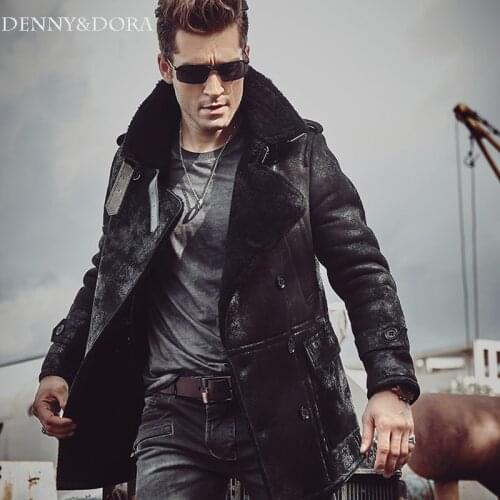 Black lapel Mens Shearling Leather Jacket Long Style Mens Fur Coat Aviation Leathercraft Parka