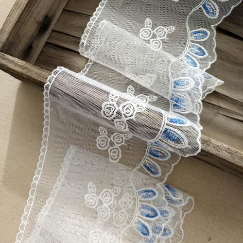 New Summer Milky white gauze blue embroidery lace fabric handmade DIY material skirt accessories Christmas wedding gifts
