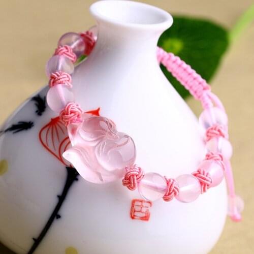Wholesale Pink Natural Crystal Bracelet Round Bead With Crystal Fox Weaving Knot Bracelet Lucky for Girlfriend Crystal Jewelry