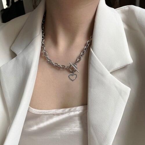 17KM Gold Sliver Heart Pendants Necklaces Collar Vintage Chunky Chain Necklace for Women Fashion Jewelry Best Friend Gift