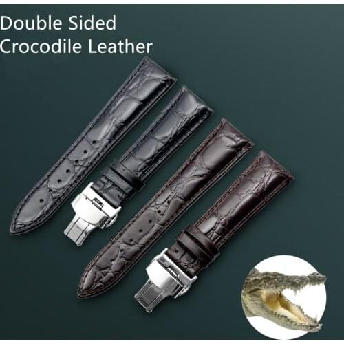 Double Sided Genuine Crocodile Leather Watchband 14 16 18 19 20 21 22mm Watches Strap Coffee Black Butterfly Buckle Watch Band