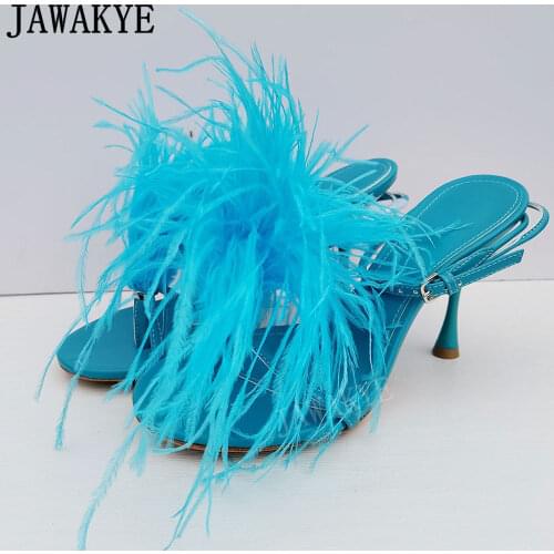 Sexy Ostrich Fur High Heel Women Sandals Narrow Band Clip-on Real Leather Party Wedding Shoes Fluffy Feather Summer Runway Shoes