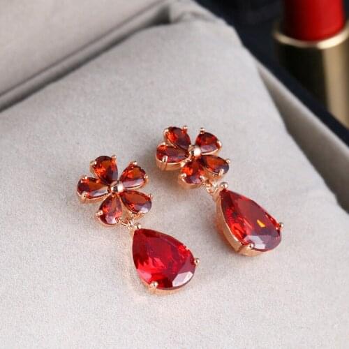 HUAMI Red Flower Drop Earrings for Women Luxury Water Sweet Fine Jewelry Bride Wedding Cubic Zirconia Earrings Kolczyki Damskie