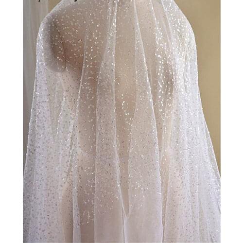 Ivory Mesh Lace Sequined Fabric Gauze Lace Sequin Netting for Bridal Embroidered Tulle Fabric as Water Drop