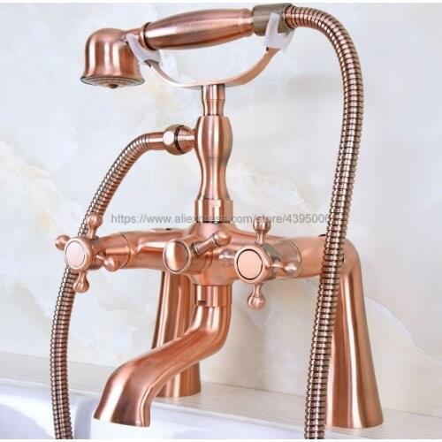 Red Copper Telephone Style Deck Mounted Bathroom Tub Mixer Taps Dual Handle with Hand Shower Dual Holes Bathtub Faucet Bna159