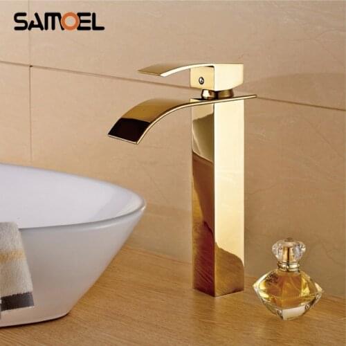 Fashion High Quality Waterfall Basin Faucets Golden Mixer Taps Single Hole Deck Mounted Sink Faucet Torneira Banheiro G1086