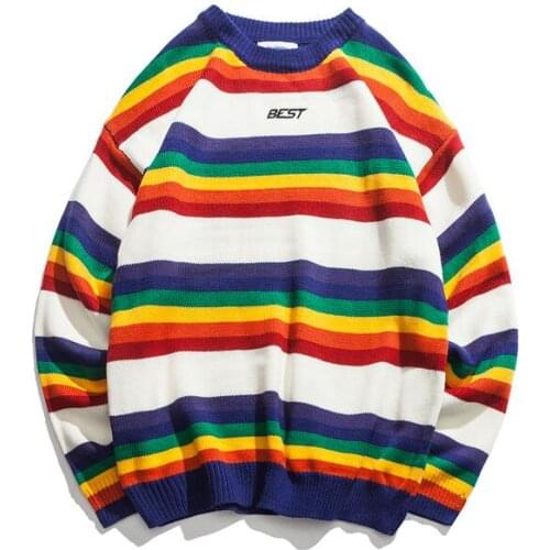 Retro hit color o-neck knit Rainbow Striped Sweater