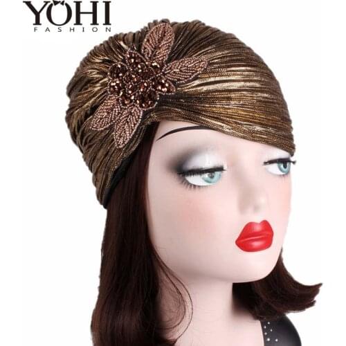 New fashion Luxury Metallic Shinny Ruffle Turban Head Wrap Women Marriage Cap with beaded flower Soft Indian Cap Turbante Hat
