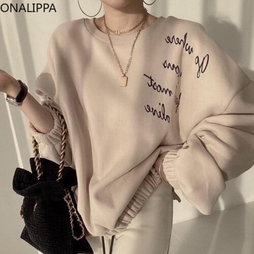 ONALIPPA Women Hoodies Korean Chic Autumn Wild O Neck Pullover Letter Printing Loose Casual Lantern Sleeve Split Sweatshirt