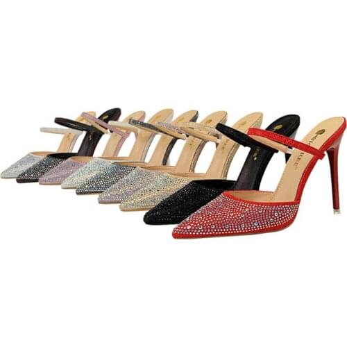 2019 New Fashion Sandals High Heel Ankle Strap Mules Shoes Women Glitter Crystal Slides Indoor Rhinestone Sexy Pointed Toe Pump