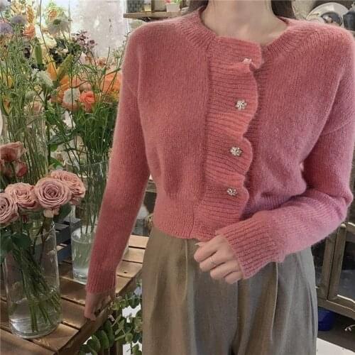 Women Elegant Chic Solid Red Sweaters Fall Lovely Students Ins Feminino Tender Simple Ladies Holiday Cropped Cardigans Knitwear
