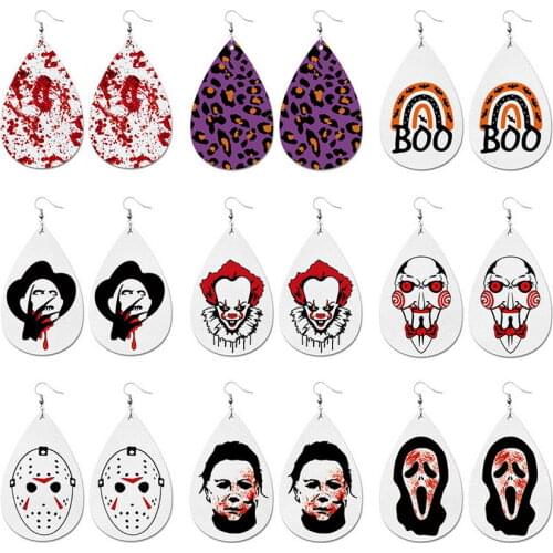 2021 Newest All Saints' Day Evening Motif Movie Character Joker Print Leather Earrings for Women Fashion Halloween Party Jewelry