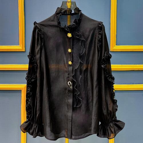 Spring Autumn Womens High quality Fashion print Long sleeves Shirts Runways elegant Shirt blouses Tops C038