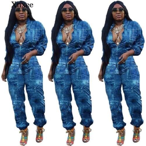 Spring and Autumn Fashion Womens Denim Long Jumpsuit Lace Ruffled Wide Leg Pants Ladies Solid Color Jeans Leotard Jumpsuit