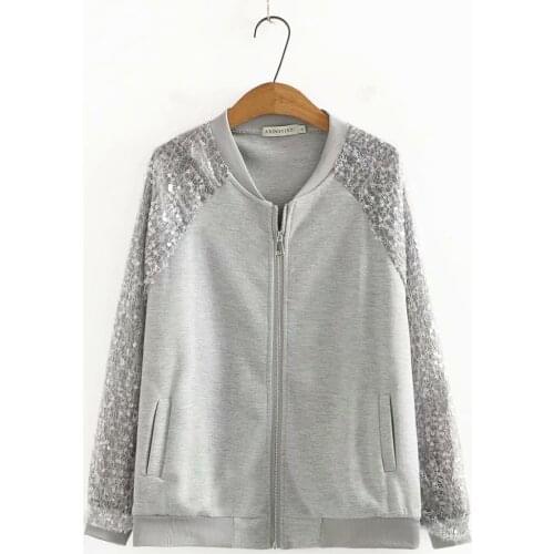 Plus size stand collar Drop-shoulder sleeves women coat 2021 Casual spring autumn Sequins patchwork Women baseball jacket