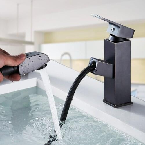 Black Pull Out Basin Faucet Brass Kitchen Faucet Black Finish Single Handle Hole Deck Mount Mixer Water Taps