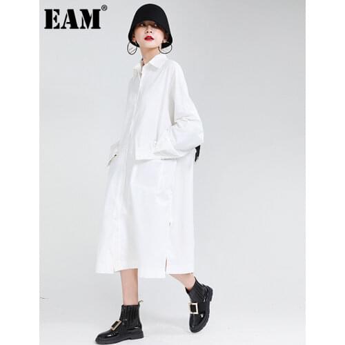 [EAM] Women White Drawstring Big Size Long Dress New Lapel Long Sleeve Loose Fit Fashion Tide Spring Autumn 2021 1Z867