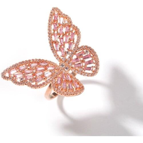 Hip-hop fashion hollow micro-inlaid zircon rose gold butterfly ring fashion exaggerated color retention plating adjustable ring
