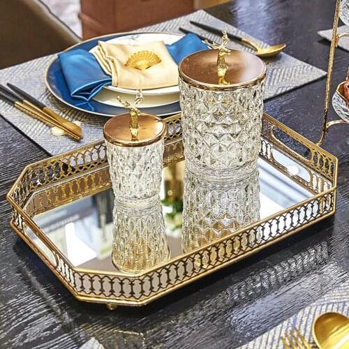 Crystal Mirrored Cosmetic Tray Organiser Metal Decorative Vanity Tray Holder For Perfume Shower Gel Cosmetics Makeup Storage